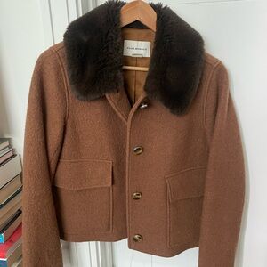 Club Monaco Wool Tan Pea Coat with Dark Fur Collar